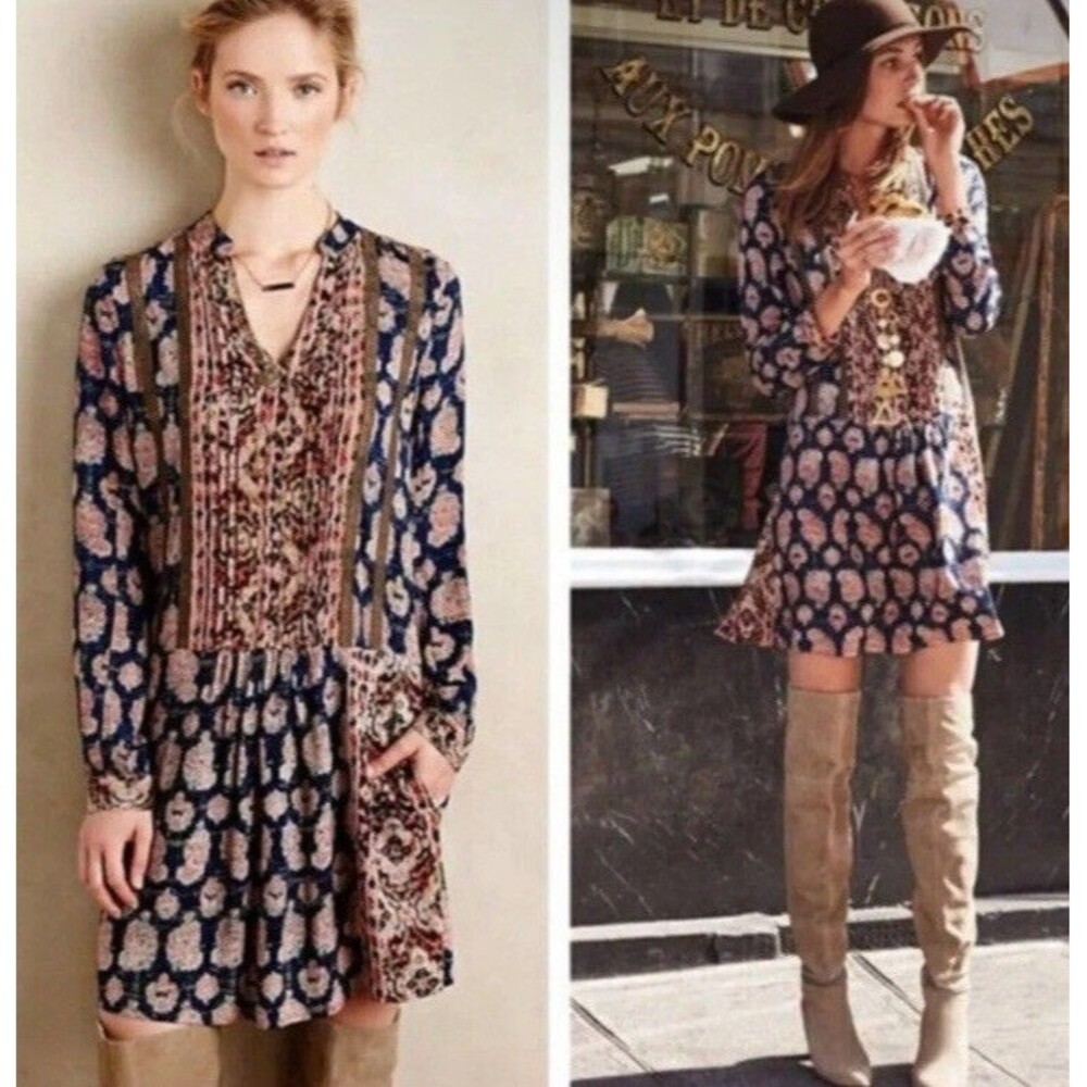 Anthropologie TINY Patchwork Dropped Waist Shirt Dress Small Boho Indie